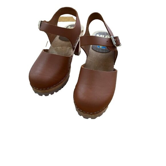 MIA Abba Summer Wooden Clog Sandals Sweden Size 38 Luggage Brown Leather - Picture 5 of 15